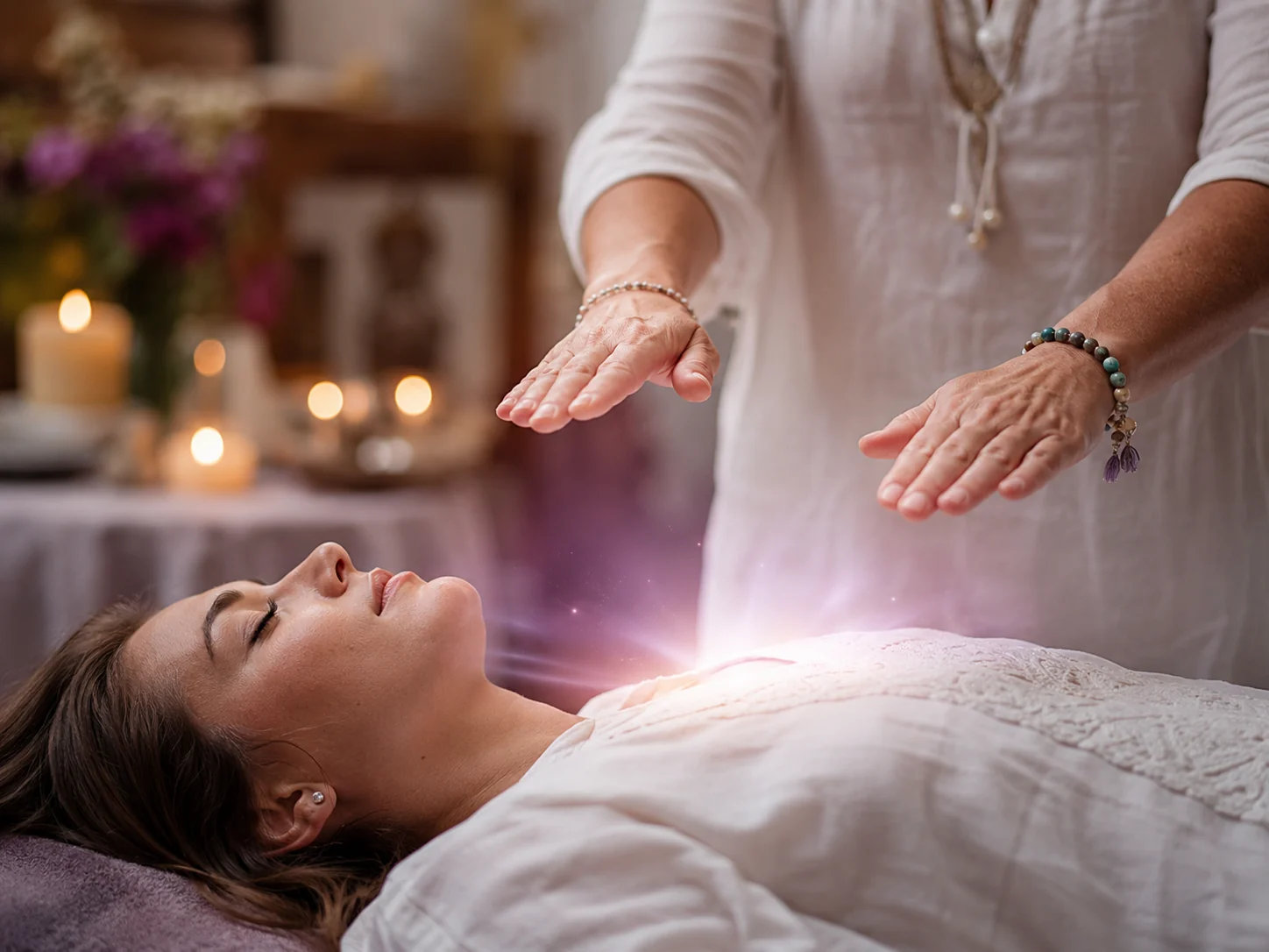 Mains posées au-dessus d’une personne allongée pendant un soin Reiki